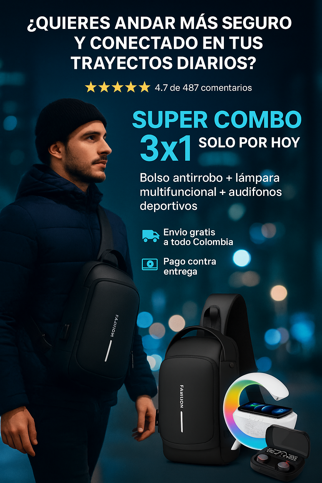 SUPER COMBO BOLSO ANTIROBO AUDIFONO DEPORTIVO + LAMPARA MULTIFUNCIONAL